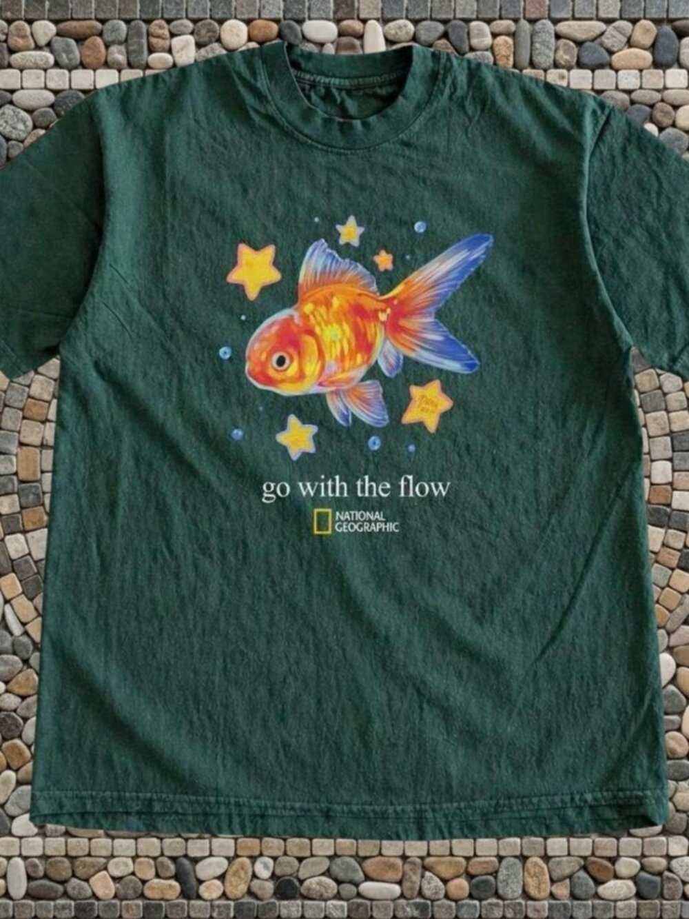 Golden Fish Graphic T-shirt with "Go with the flow"